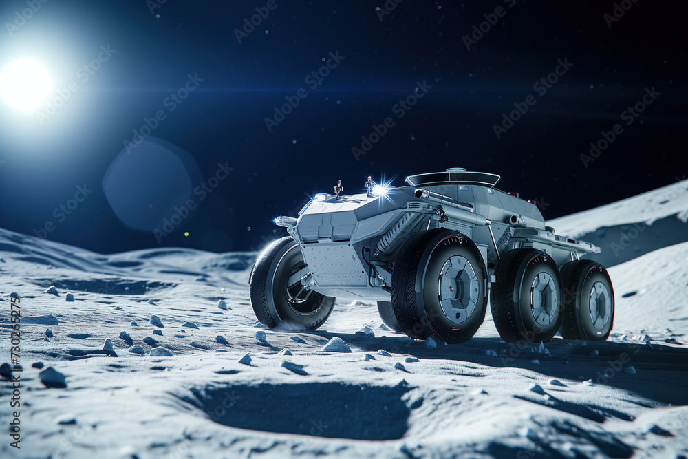 Naklejka premium A concept of a futuristic lunar rover vehicle. Showcasing it on the surface of the Moon. Created with Generative AI technology