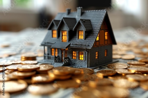 A model of a house and money in the background. The concept of buying a house and a mortgage. Buying a property