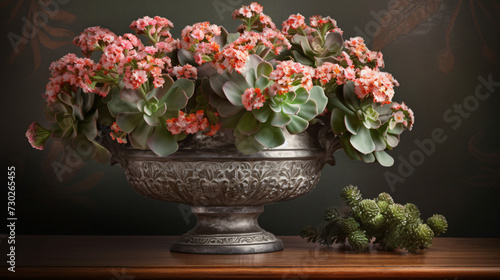 Kalanchoe arranged on an antique table. © Possibility Pages