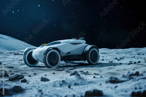 A concept of a futuristic lunar rover vehicle. Showcasing it on the surface of the Moon. Created with Generative AI technology