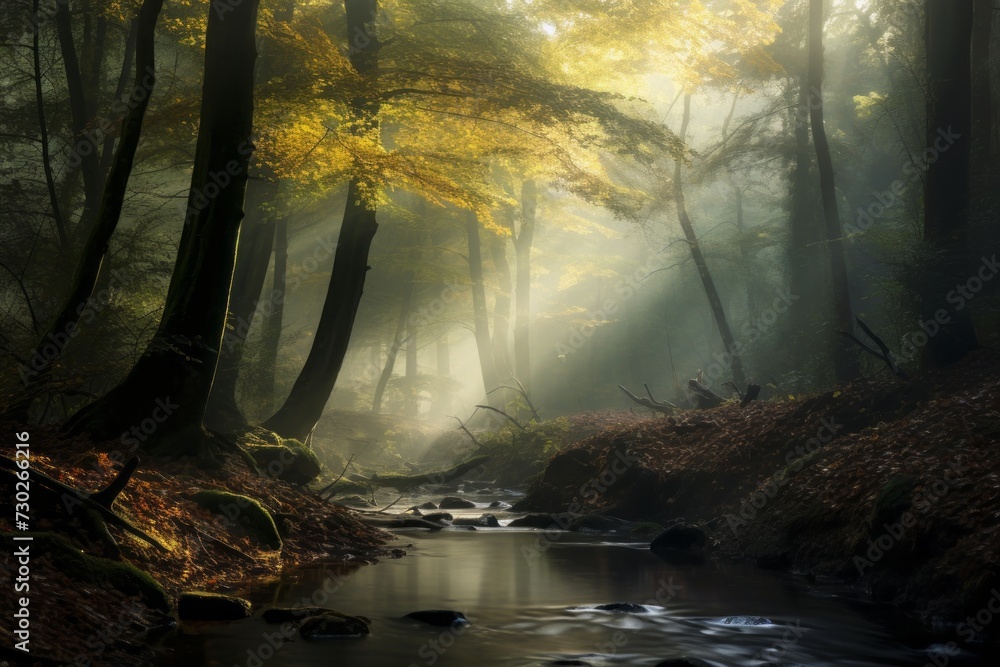 Mystical forest landscape shrouded in morning mist and tranquility - obrazy, fototapety, plakaty 