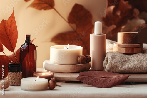 Natural skincare mockup with fall leaves, organic products, and wooden accessories