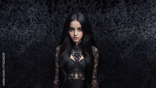 An elegant silhouette in a black lace dress stands against a dark backdrop, exuding mystery and sophistication