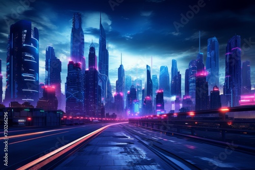Neon lit streets of a futuristic cityscape at the peak of technological advancement
