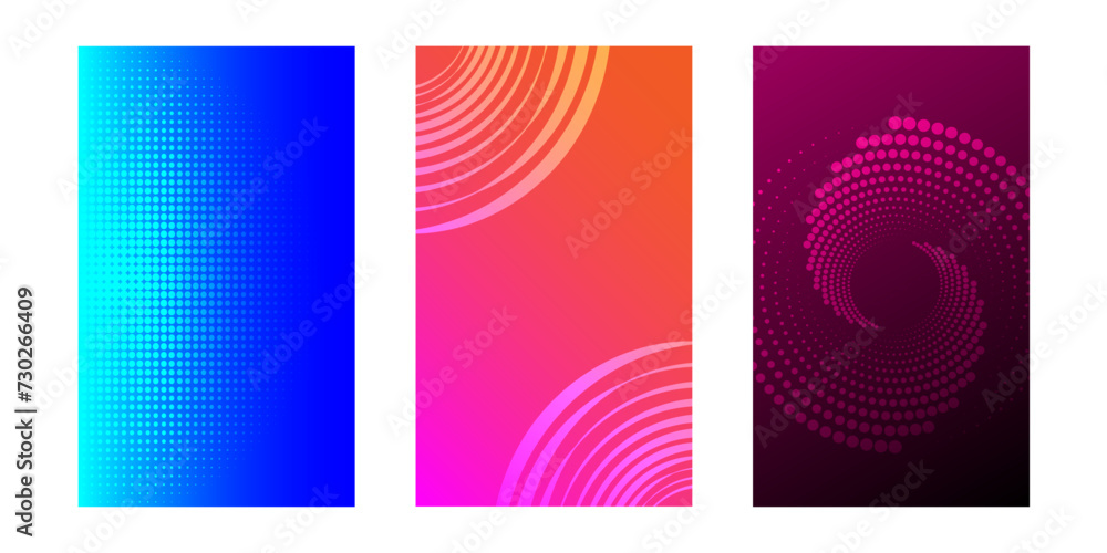 Fototapeta premium Set of abstract backgrounds with halftone and spiral pattern. Collection of gradient textures with geometric ornament. Design template of flyer, banner, cover, poster. Vector eps10