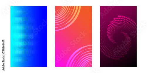 Set of abstract backgrounds with halftone and spiral pattern. Collection of gradient textures with geometric ornament. Design template of flyer, banner, cover, poster. Vector eps10