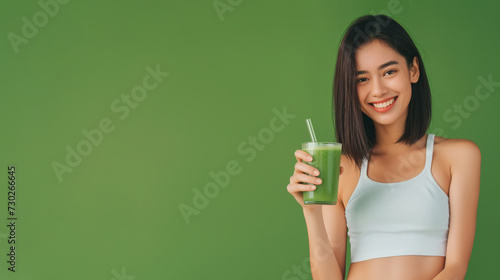 Healthy woman holding vegetable juice on green background © Zemon
