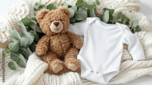 Cozy Baby Essentials with Teddy Bear and Knitted Blanket.