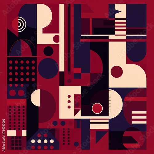 A Maroon poster featuring various abstract design elements  in the style of pop art 