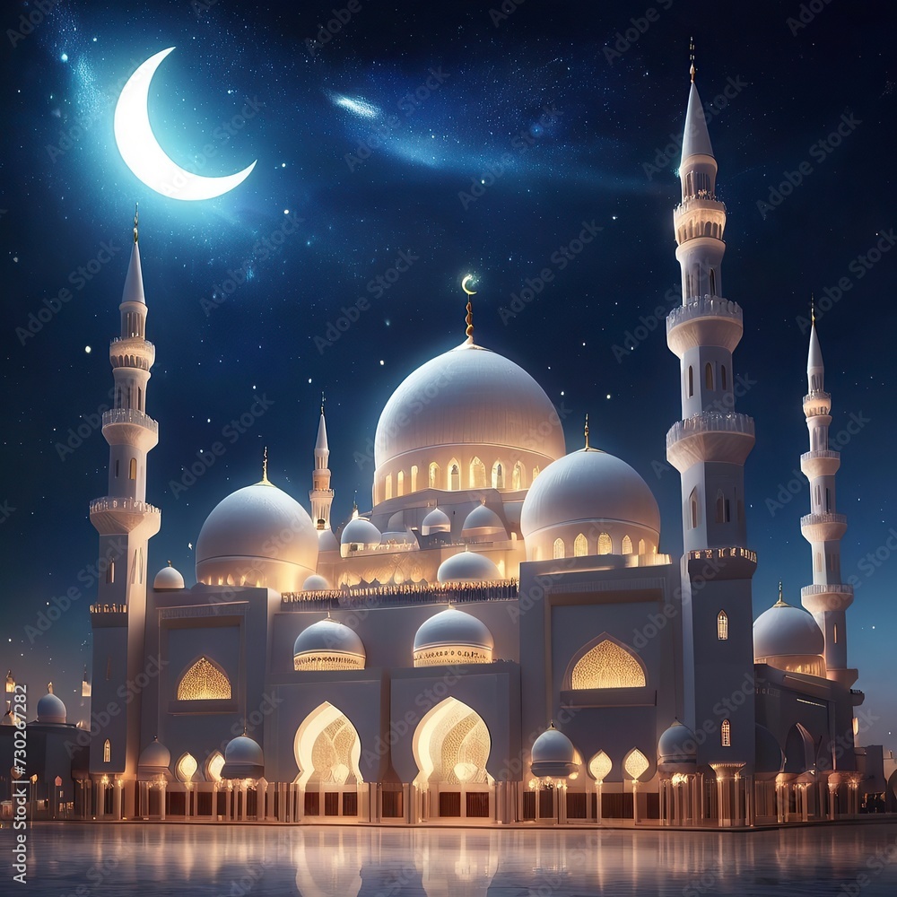 Photo Eid al-Fitr Celebration Best  Mosque Glowing under Starry Night Sky with Crescent Moon Background