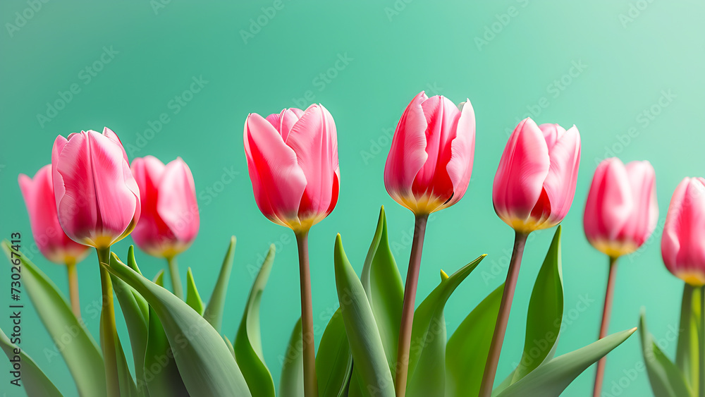 pink tulips on green background