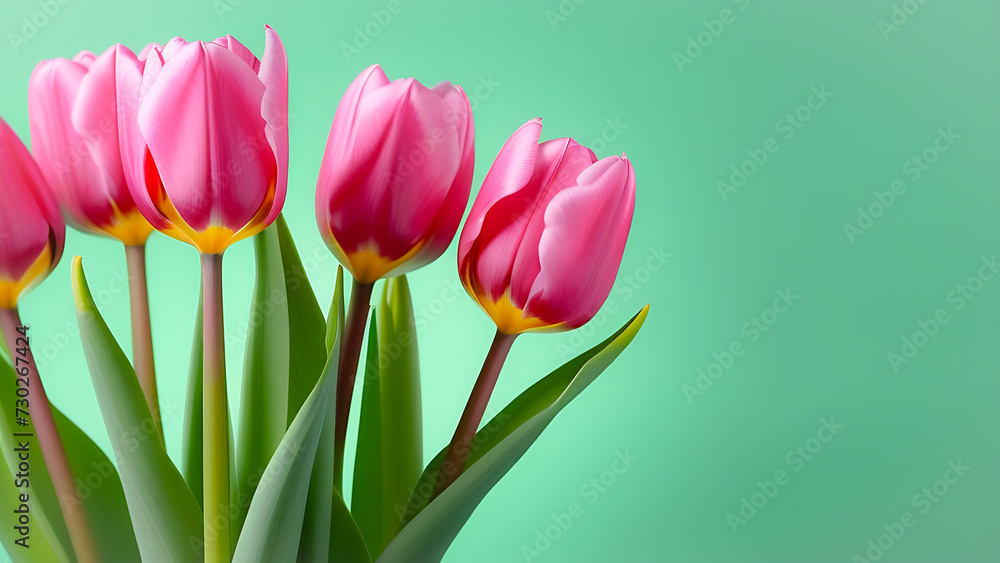 Fototapeta premium pink tulips on green background