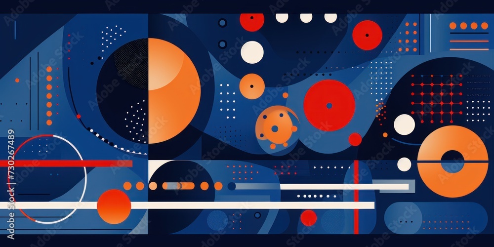 A Navy Blue poster featuring various abstract design elements, in the style of pop art