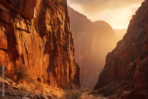 Rugged canyon walls glowing under the warm light of sunset © KerXing