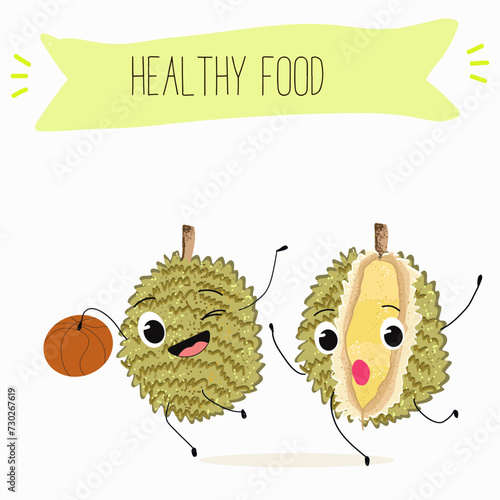Cute  cartoon durian characters with different activities. Flat vector illustration, funny fruits. Organic food.