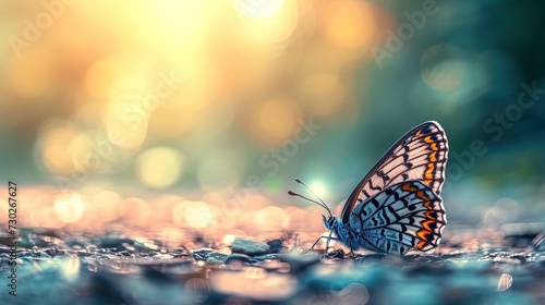Butterfly on the ground with bokeh background, ai generative