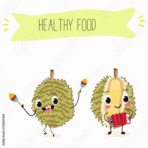 Cute  cartoon durian characters with different activities. Flat vector illustration, funny fruits. Organic food.