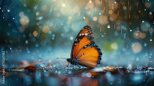 Butterfly on wet floor with raindrops and bokeh background, ai generative © Resi