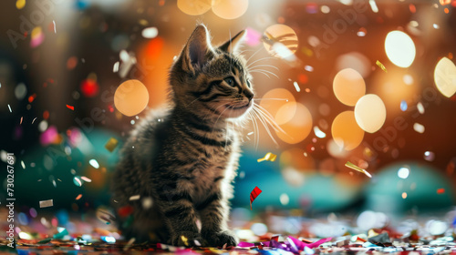 kitten celebrates a birthday, surrounded by a burst of colorful confetti, a funny and charming, bringing joy and laughter to the pet-friendly party