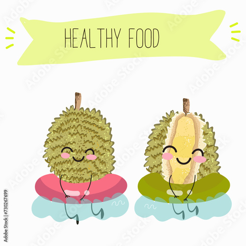 Cute  cartoon durian characters with different activities. Flat vector illustration, funny fruits. Organic food.