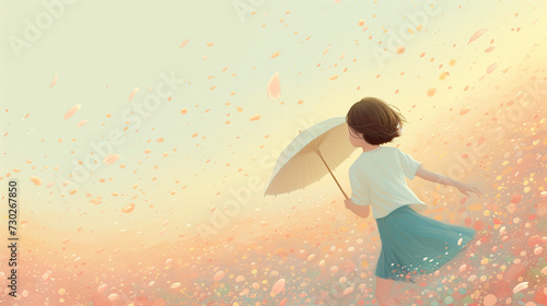 Surreal landscape illustration, girl with umbrelles in grassland meadow covered with cherry blossom. flowers. -Generative AI