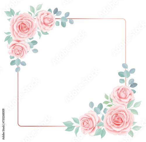 Flower roses, green leaves. Floral frame, mother's day greeting card. Vector background