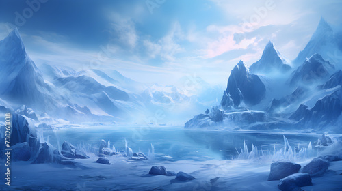 iceberg in polar regions,, Fantastic winter epic landscape of mountains frozen nature mystic valley gaming rpg background 