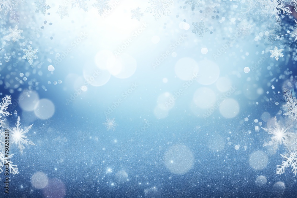Sparkling silver and blue background with icy snowflakes and ornaments.