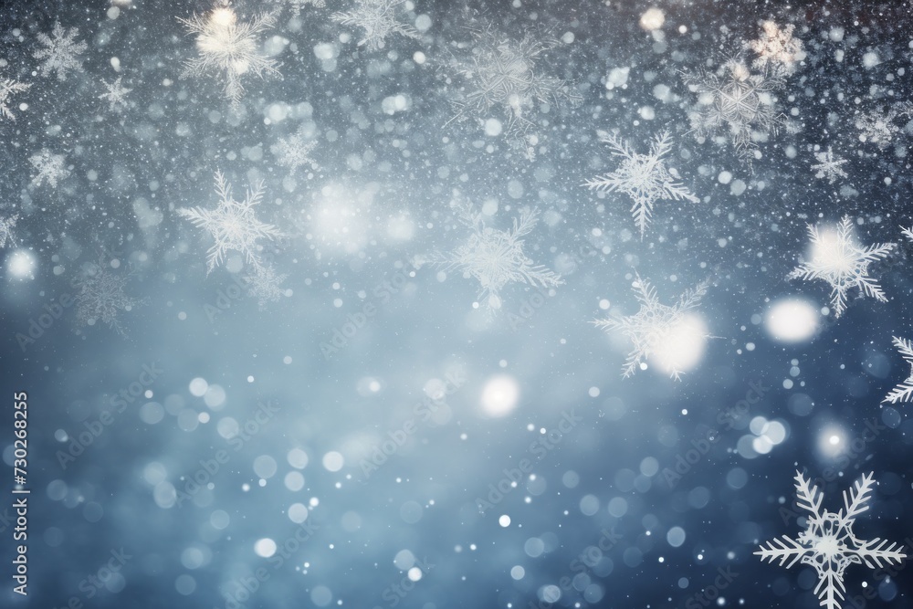 Fototapeta premium Sparkling silver snowflakes on a background of shimmering snowfall.