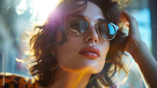 A captivating scene of a woman trying on stylish sunglasses, capturing the glamour and confidence associated with fashionable eyewear
