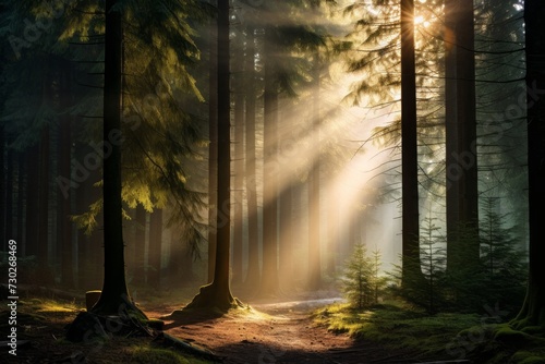 Sunbeams filtering through dense woods on a crisp morning