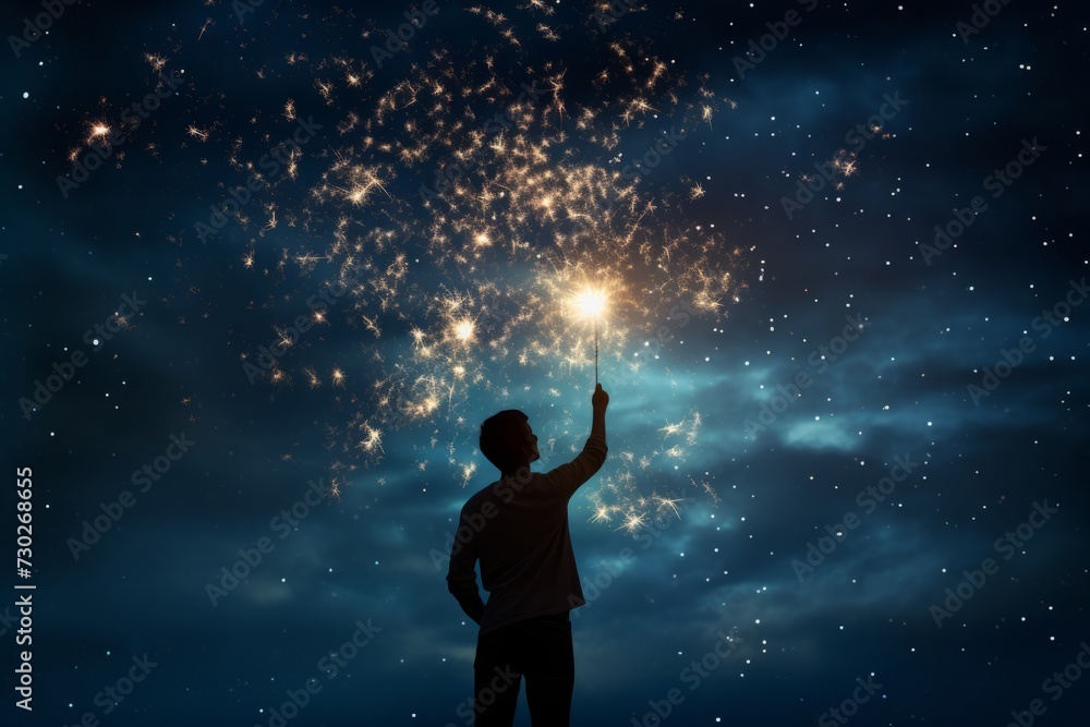 Man lighting a sparkler and gazing at a mesmerizing night sky filled with countless stars Man lighting a sparkler and gazing at a mesmerizing night sky filled with countless stars