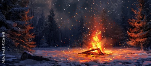 Winter forest campfire at night, sparking flames.