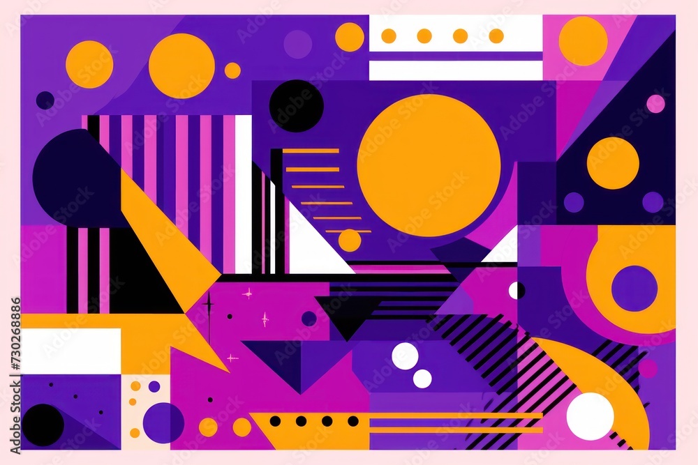 A Purple poster featuring various abstract design elements, in the style of pop art