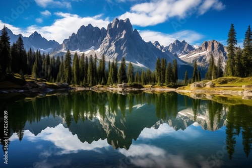 Towering peaks reflected in a glassy alpine lake, a picturesque natural scene © KerXing