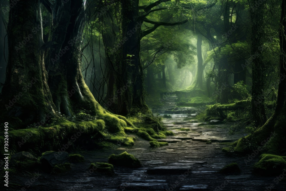 Serene forest path surrounded by vibrant greenery Serene forest path surrounded by vibrant greenery