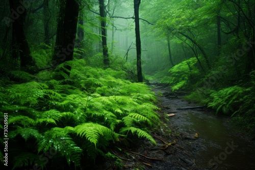 Serene forest path surrounded by vibrant green ferns