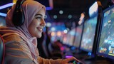 young muslim girl playing video games in a cyber sports club generative ai