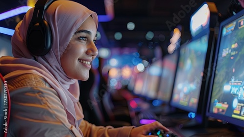 young muslim girl playing video games in a cyber sports club generative ai