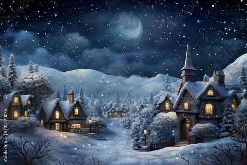 Winter wonderland scene with snow covered houses and a starry night sky © KerXing