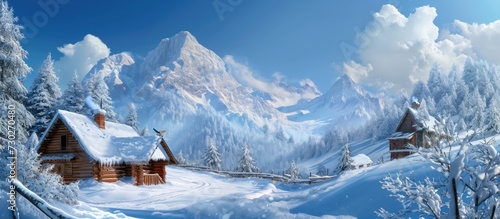 Gorgeous winter scenery with mountainous cabins and snow.