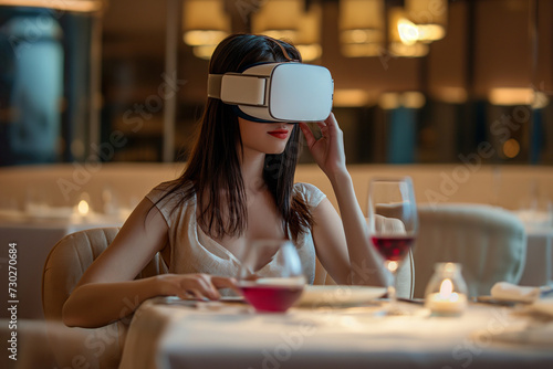 Woman wearing VR headset in restaurant. Immersive entertainment, augmented reality technology concept. Lady having romantic dinner at a restaurant drinking wine in VR glasses