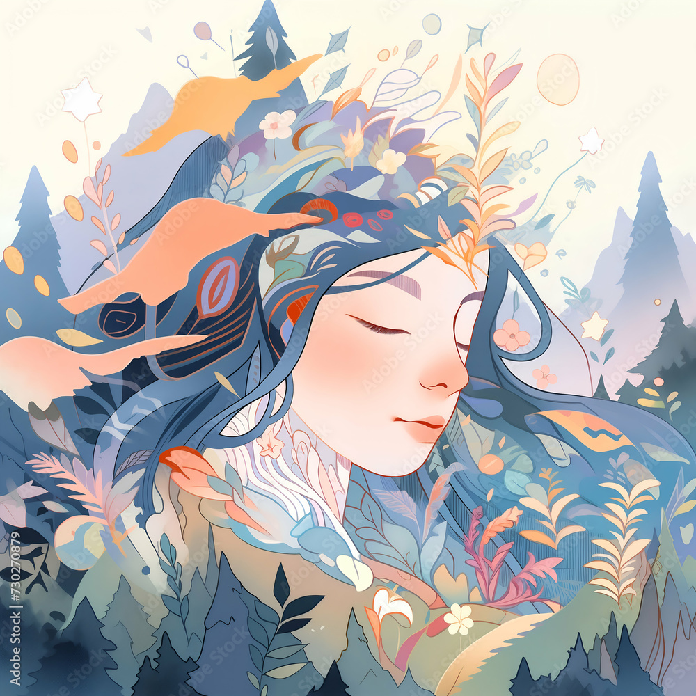 A serene woman's face is surrounded by a nature-inspired headdress, with a tranquil expression and closed eyes