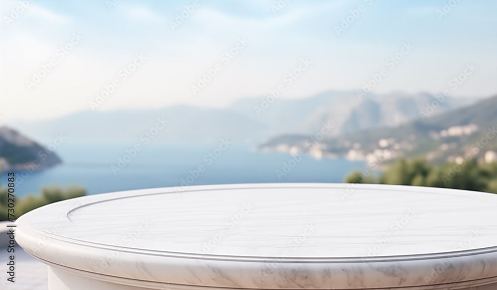 Empty marble table, product montage, Mediterranean sea landscape background