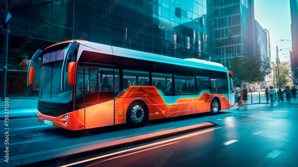 Electric city bus with stylish design stops at evening bus station, shining in glow of city lights, presenting serene scene of public transportation. Eco-friendly transportation. Urban infra-structure