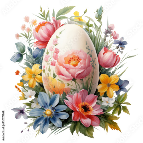 A delightful watercolor Easter egg adorned with colorful florals, set against...
