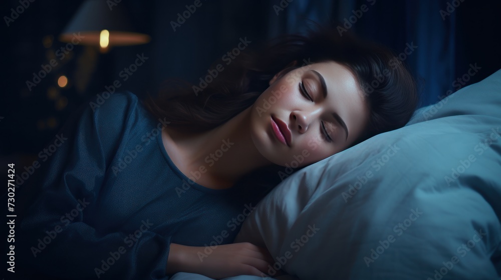 Woman asleep in bed with her head resting on a pillow, the room is dimly lit with soft blue tones Woman asleep in bed with her head resting on a pillow, the room is dimly lit with soft blue tones