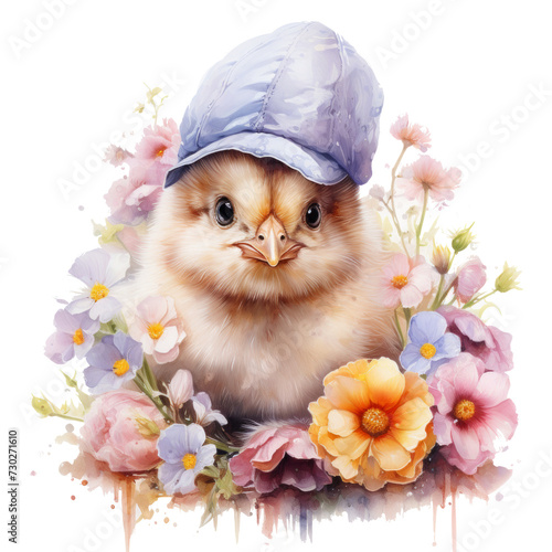 An endearing watercolor chick wearing a bonnet, nestled among spring blooms