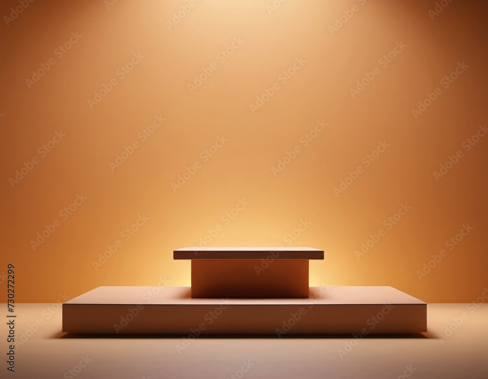 Minimalistic display podium set against a warm, orange background with soft lighting, ideal for product showcasing or design presentations. Minimalistic display podium set against a warm, orange background with soft lighting, ideal for product showcasing or design presentations.