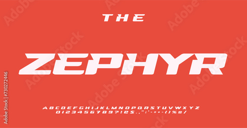 Swift dynamic font. Wide bold Italic alphabet, edgy sans serif letters with spurs acute cutout, perfect for sporty logo, sharp headline, speed typography. Vector typeset.